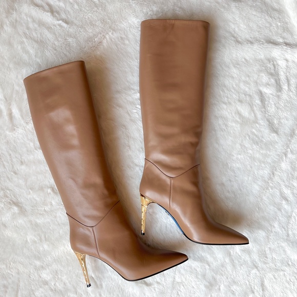 $725 Loriblu Made In Italy Camel Taupe Knee High Boots High Heel Pointy Toe 40IT - Picture 12 of 15